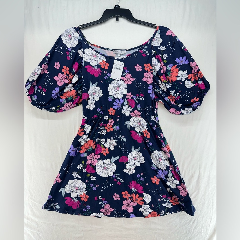 Velvet Torch Dress Mini Navy Floral Balloon Sleeve Scoop Neck Made in USA Size S